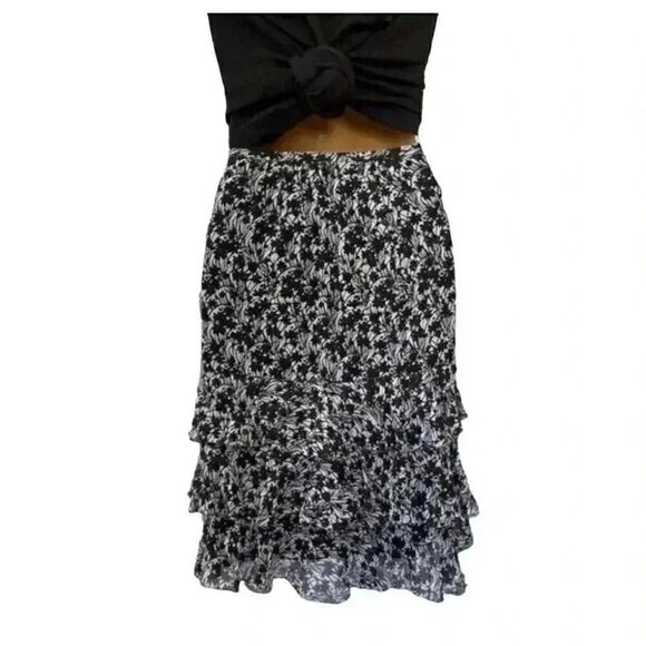 Ann Taylor Women's Black & White Silk Chiffon Floral Layered Ruffle Lined A-Line - Picture 1 of 9